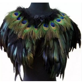 Unisex Peacock feather cape for women girls singers concert model show catwalks performance shawl short top  jazz dance photos dress coat decoration collar 